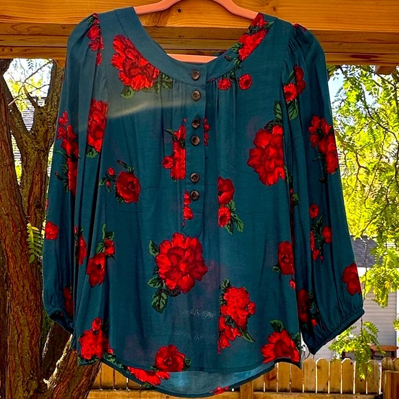 Anthropologie Maeve Kalas Henley 3/4 Sleeve Teal Floral Blouse Medium - Picture 3 of 16